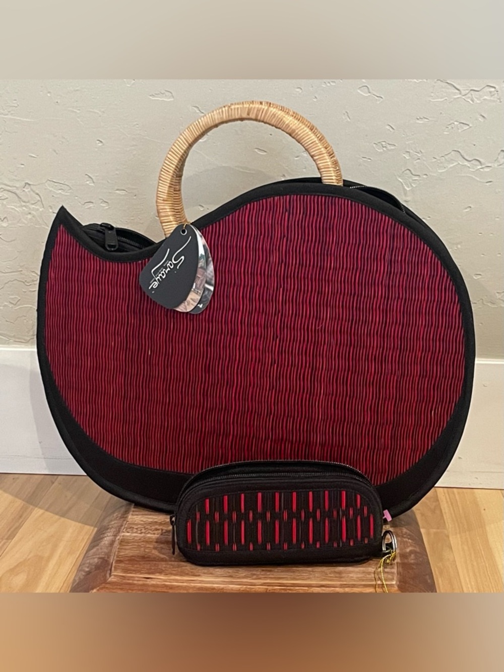 Straw-Handle Red & Black Women's Tote Bag by Baskets of Cambodia NWT